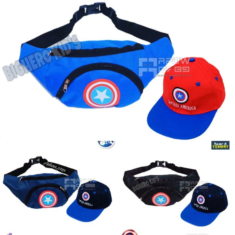 Paket 2in1 tas selempang waistbag anak dinir captain Amerika bonus topi baseball anak bordir