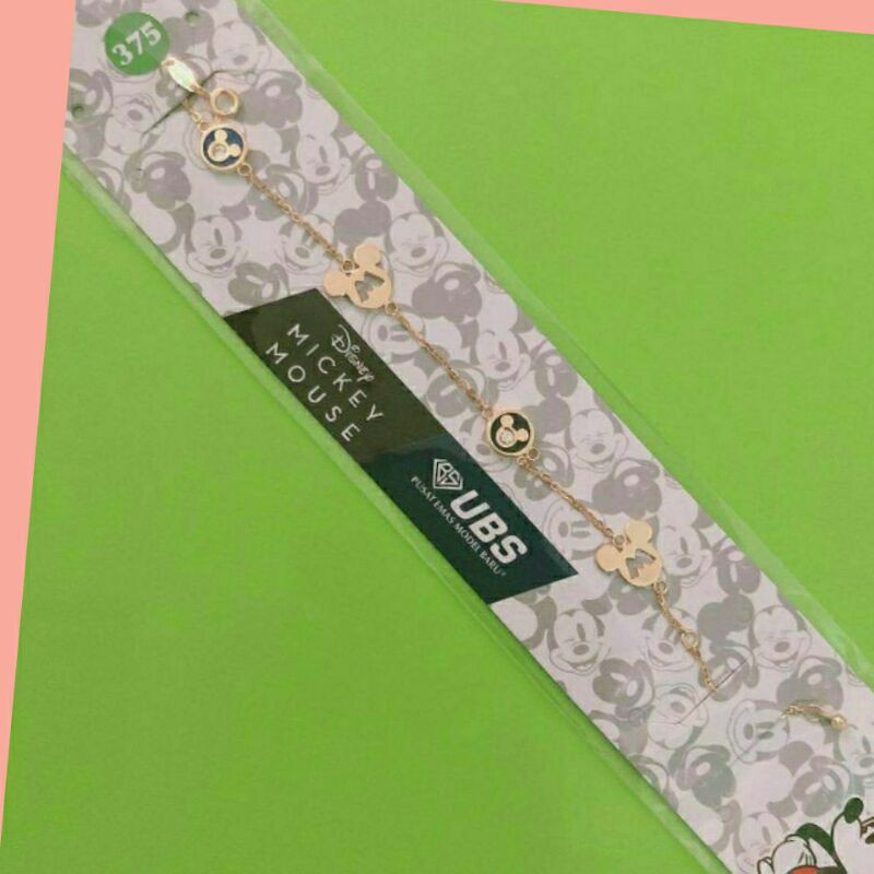 GELANG RANTAI EMAS MODEL MICKEY MOUSE WARNA BIRU HITAM EMAS ASLI UBS KADAR 375