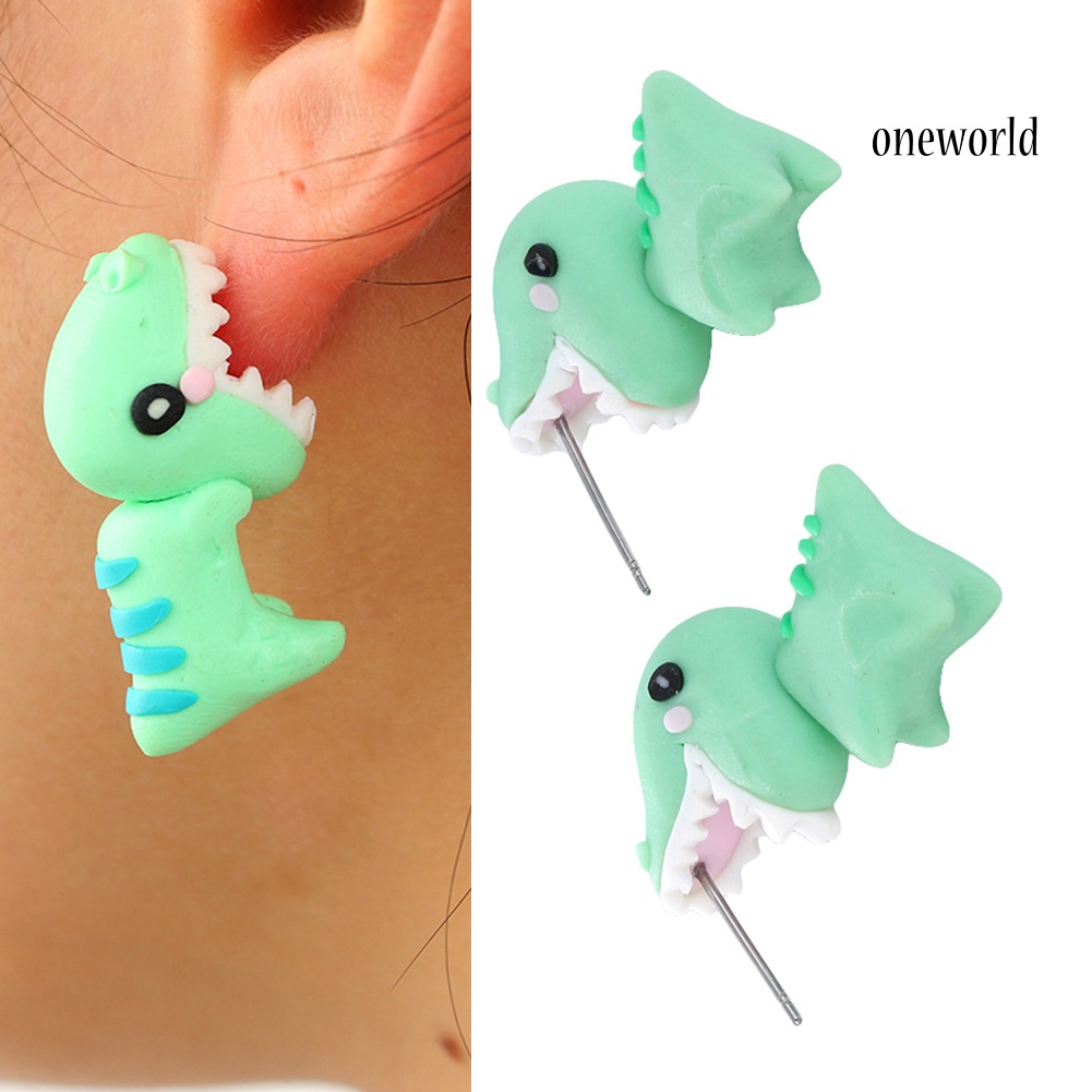 OW@ Cartoon 3D Dinosaur Polymer Clay Ear Stud Jewelry Cute Animal Women Earrings