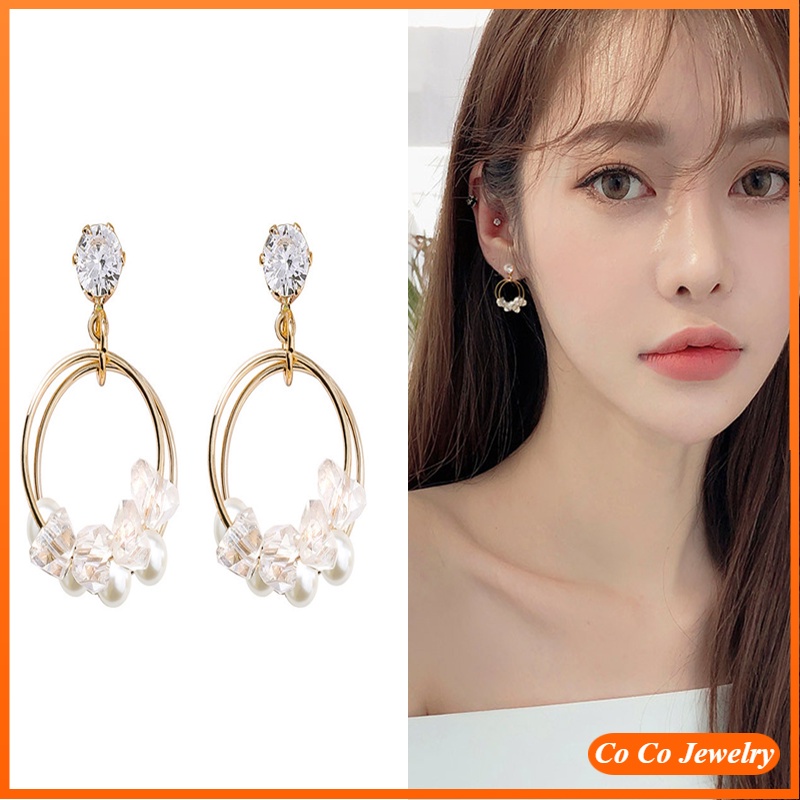 Anting S925 Silver Needle Bentuk Bulat Aksen Kristal Mutiara Bahan Zirkon Gaya Korea Untuk Wanita