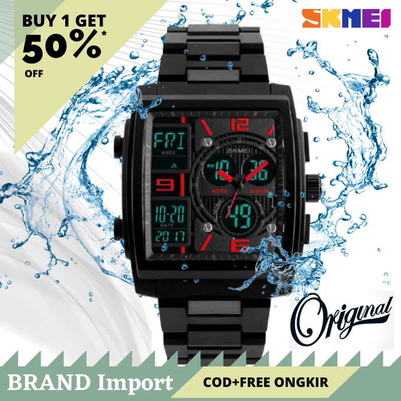 Jam Tangan Kotak Pria Elegan SKMEI 1274 Dual Time Analog Digital Original Cowok Anti Air S21