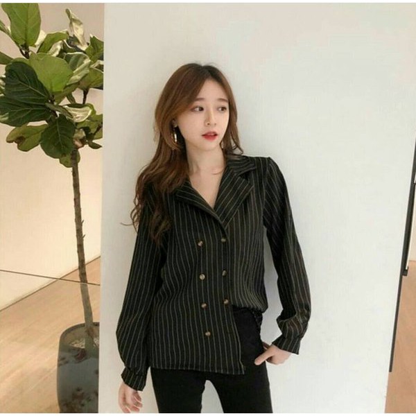 Pakaian Wanita sq wanita lengan panjang Button blazer black Wolpis xl modis modern cantik elegan