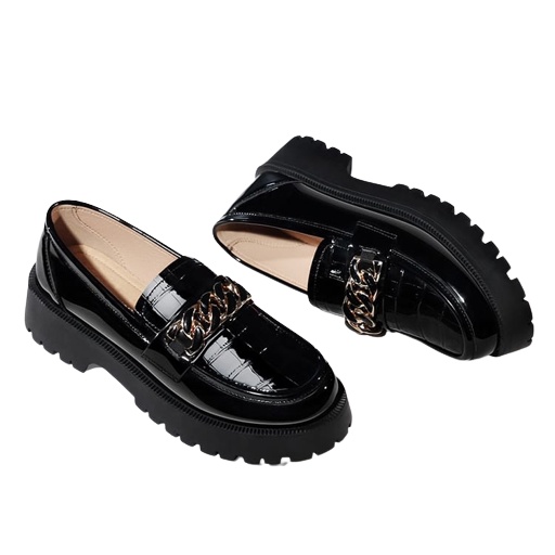 Sepatu Wanita Loafer Docmart / Sepatu Croco Rantai Black And White Glosy CLARISA  013