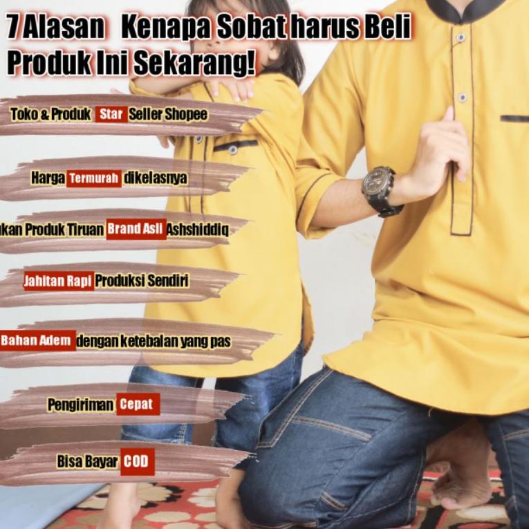 Baju Koko Kurta Pria Couple Ayah dan Anak laki laki Mustard putih Lengan 3/4 Bahan Toyobo Royal Mix 