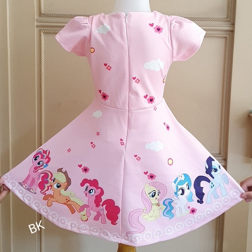 DRESS PESTA ANAK MOTIF QUEEN LITTLE PONY IMPORT PINK LUCU / GAUN PESTA ULANG TAHUN ANAL UNICORN