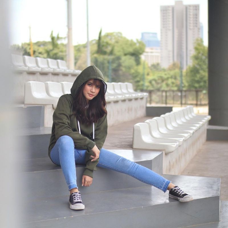 [Hijau Army] Basic Hoodie Jumper Sweater Polos Unisex Pria Wanita M - XXL Premium.