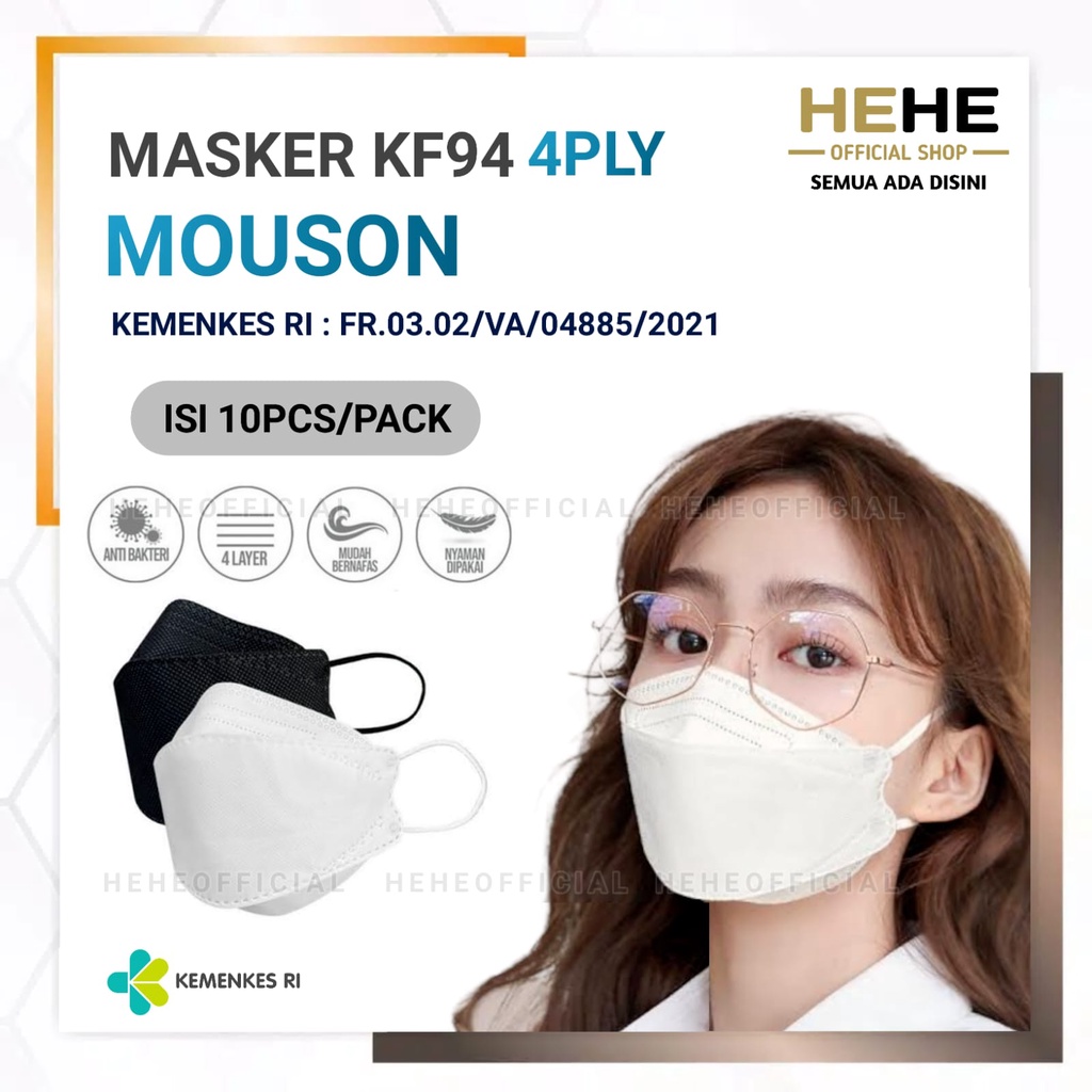 Masker KF94 4ply isi 10Pcs Model Convex 3D Kf 94 MOUSON Masker Medis Kesehatan Izin Kemenkes Earloop Disposable facemask STYLE Korea Warna Hitam Putih Termurah HEHEOFFICIAL PEKANBARU