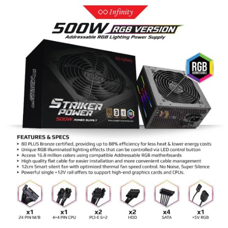 Power Suply Unit - PSU Infinity Striker Power RGB 500 Watt 80+ Bronze - Original Resmi 80 Plus