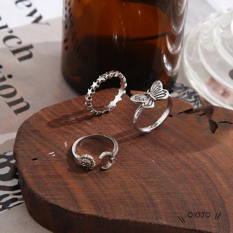 【COD】3pcs / Set Cincin Model Terbuka Desain Matahari + Kupu-Kupu Gaya Retro Kreatif Untuk Wanita