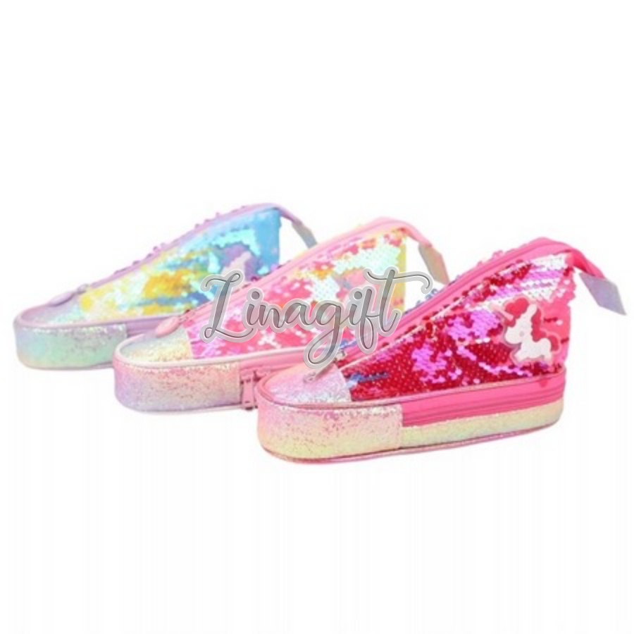 TEMPAT PENSIL SEPATU SEWUIN UNICORN - PENCIL CASE SHOES GLITTER GRADATION METALLIC PONY