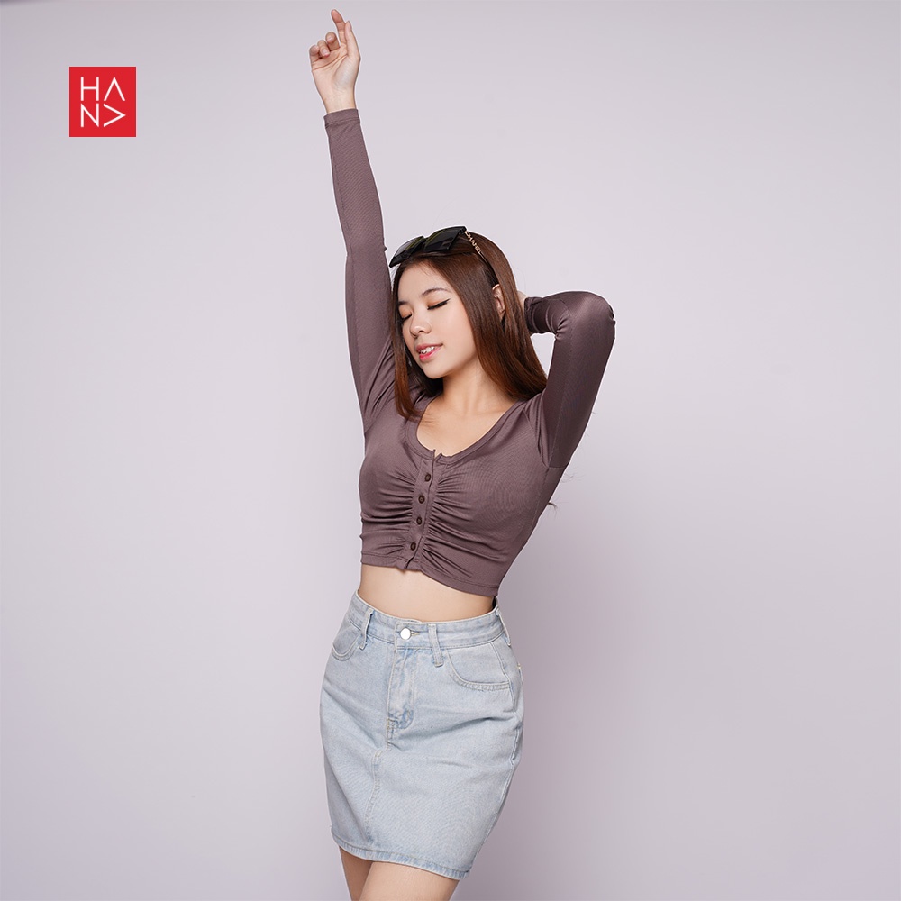 Hana Fashion - Evana Knit Long Sleeve Crop Top Wanita - CT154