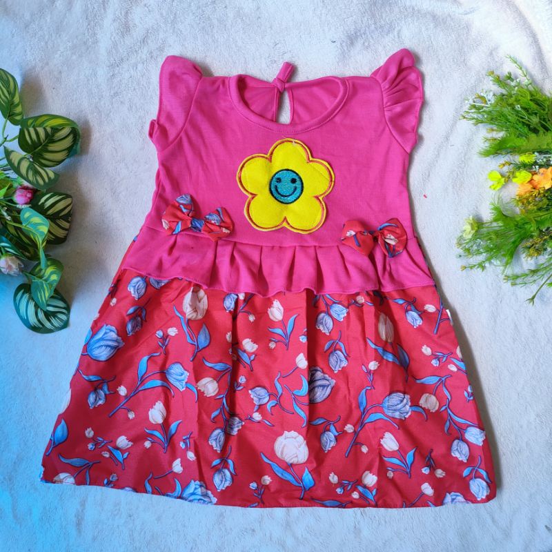 Dress anak cewek 1 2 Tahun perempuan tulip pita kartun smile ( Dress SmileTu)