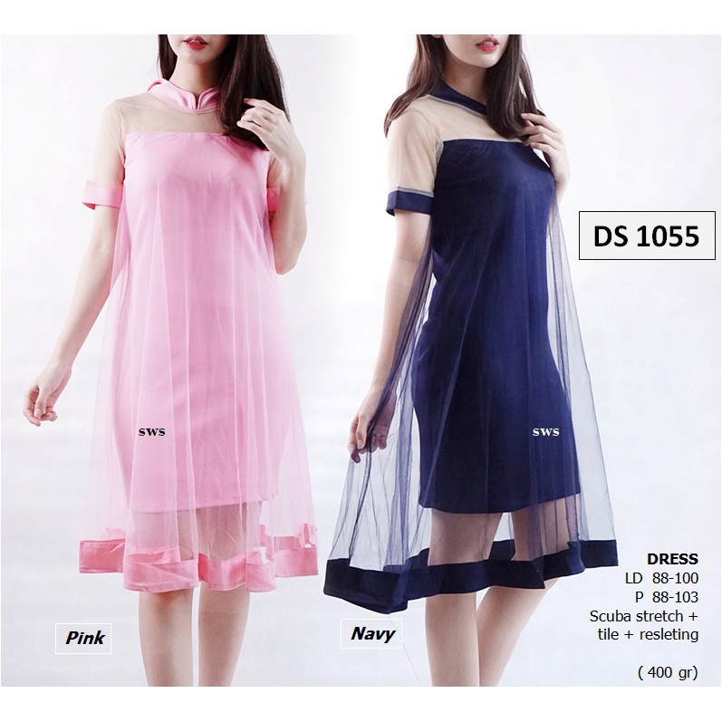 DS1055 -  DRESS PESTA MIDI FLARE SCUBA TILE DRESS WANITA BUMIL MURAH