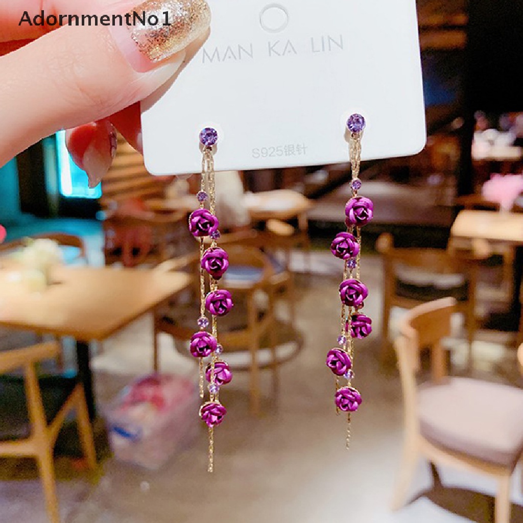 (AdornmentNo1) Anting Gantung Panjang Kait Motif Kelopak Bunga + Rumbai Untuk Perhiasan Wanita / Pernikahan