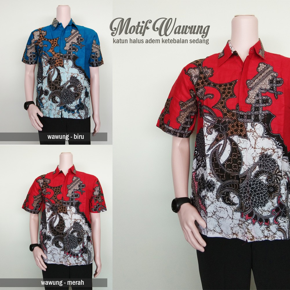 TROLISTORE BAJU HEM KEMEJA ATASAN KASUAL BATIK PRIA LENGAN PENDEK BIRU MERAH MOTIF WAWUNG