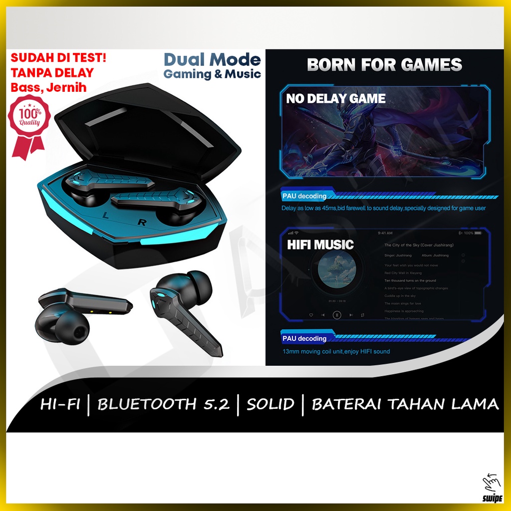 Headset TWS Gaming No Delay Handsfree Earphone Headphone Gaming Gamers Gamen Lagu Musik Music Audio