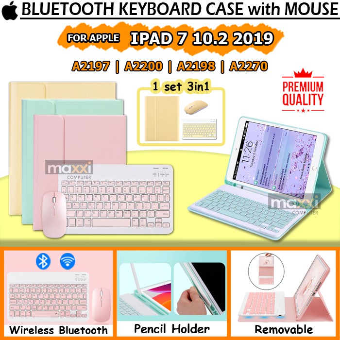 iPad 7 7th Gen 10.2 2019 Wireless Bluetooth Keyboard Kibord Kibot Keybord Mouse Flip Cover Case Pink