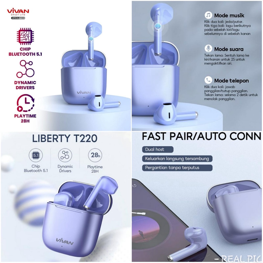 EARPHONE BLUETOOTH 5.1 LIBERTY VIVAN T220 HEADSET TWS WIRELESS VIVAN T220 ORIGINAL GARANSI