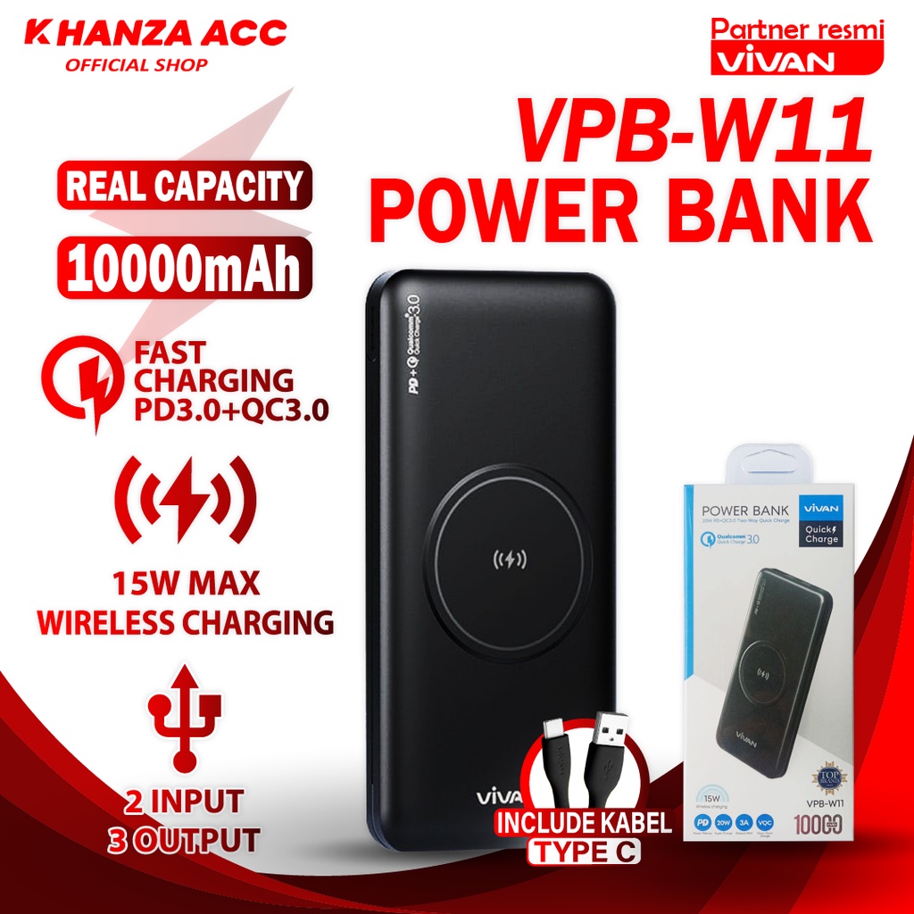KHANZAACC VIVAN VPB-W11 Powerbank 10000mAh Wireless 3 Output Fast Charging 18W