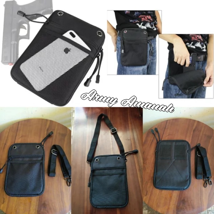 TAS SENJATA / TAS AIRSOFT/ TAS PISTOL/ TAS RANGE BAG/TAS  PISTOL PINGGANG DAN SELEMPANG WARNA HITAM 