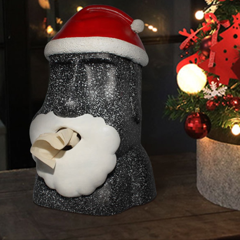 Zzz Stone Moai Patung Wajah Dengan Topi Santa Bahan Resin Untuk Holder Kotak Tisu