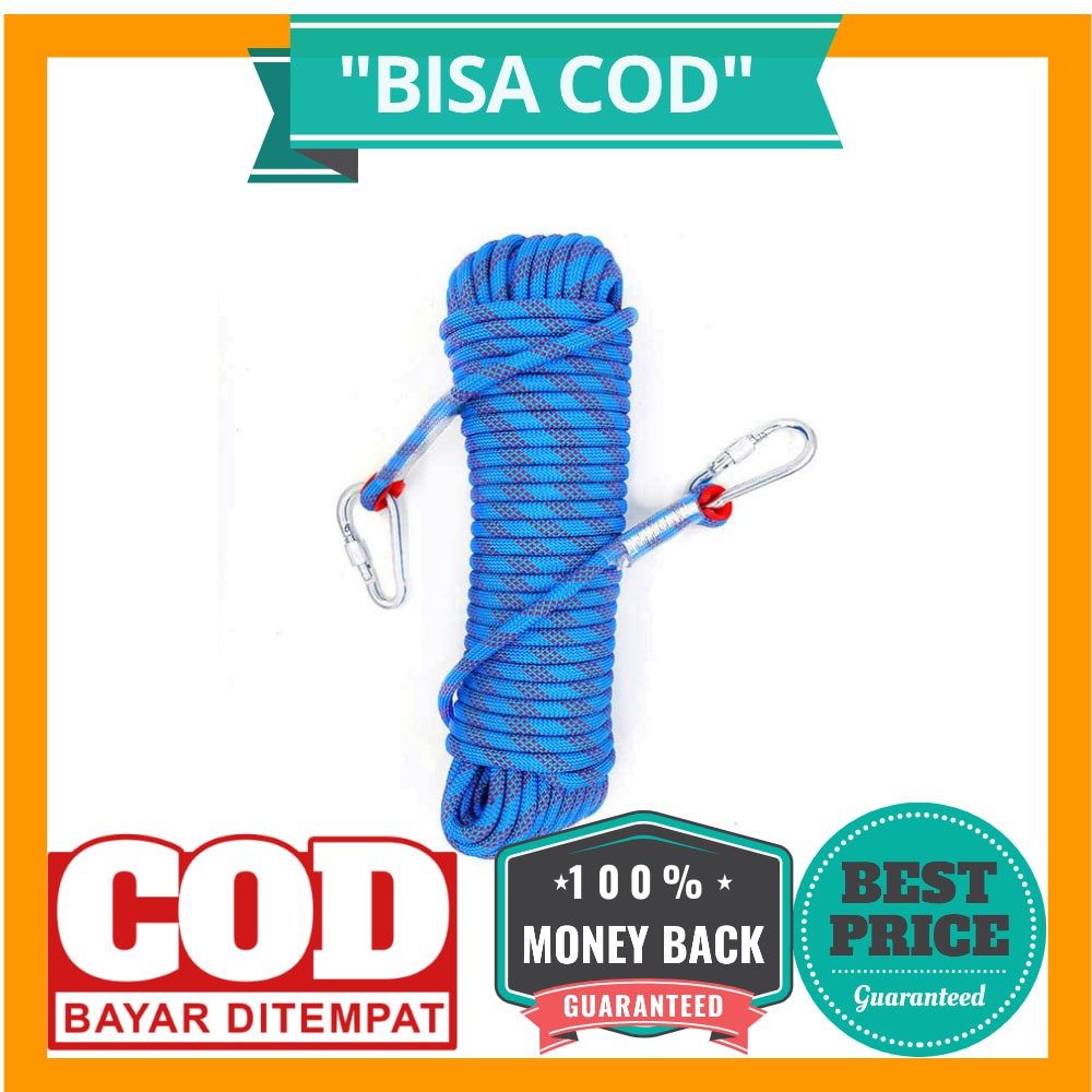 BISA COD Tali Paracord Panjang Tebing Climbing Rope 10mm 20 Meter with Steel Buckle - 24KN - Blue