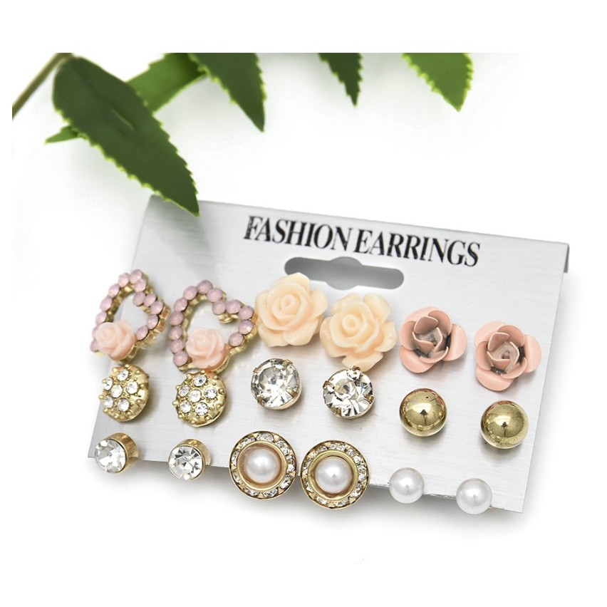 9 Pasang Set Anting Tusuk Wanita Mutiara Bunga Hati Stud Aksesoris Fashion Wanita womens Earring