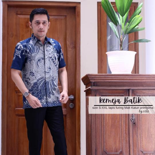 BATIK PRIA TERBARU S M L XL XXL BAJU kemeja batik pria NAVY lengan PENDEK PREMIUM