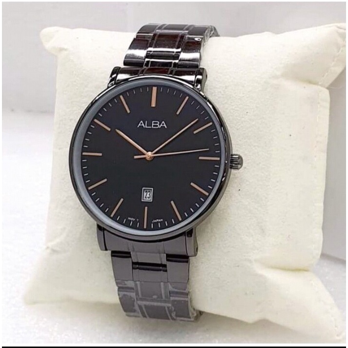 PROMO Jam Tangan Alba 4D1741 Pria Cowok Analog Tanggal Aktif Rantai Stainless