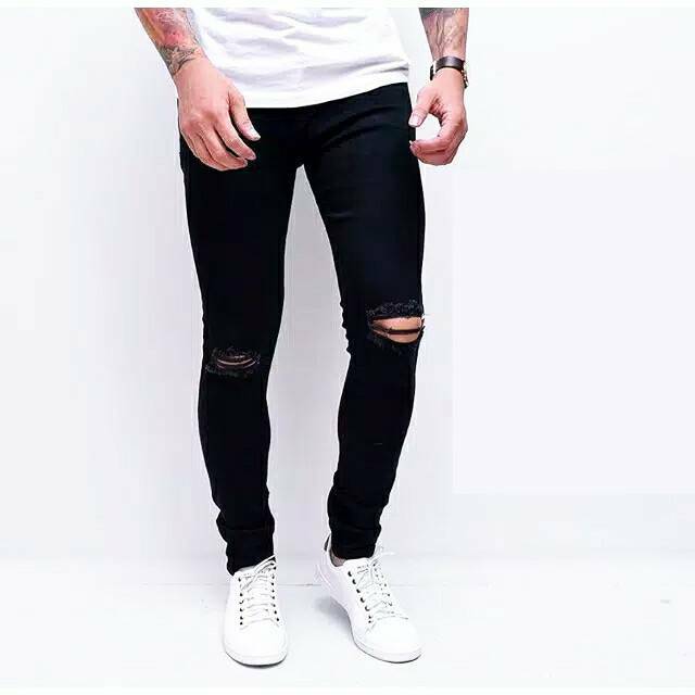 CELANA JEANS SOBEK LUTUT PRIA CELANA PANJANG HITAM PRIA RIPPED JEANS SLIMFIT STREET