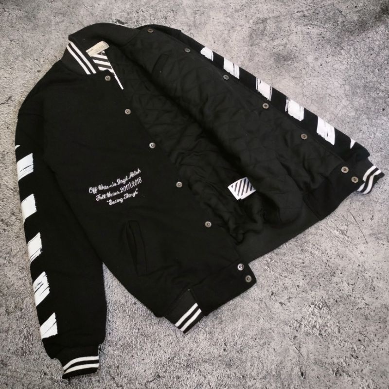 VARSITY JAKET OFF WHITE HITAM AUTHENTIC PREMIUM FULLTAG &amp; LEBEL