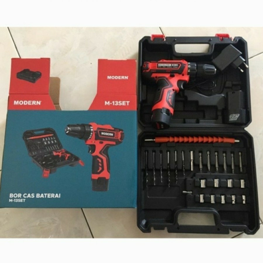 Modern Mesin Bor Cordless / Bor Obeng Baterai Cas M13 Set Koper Lengkap Mata Bor & Flexible Shaft