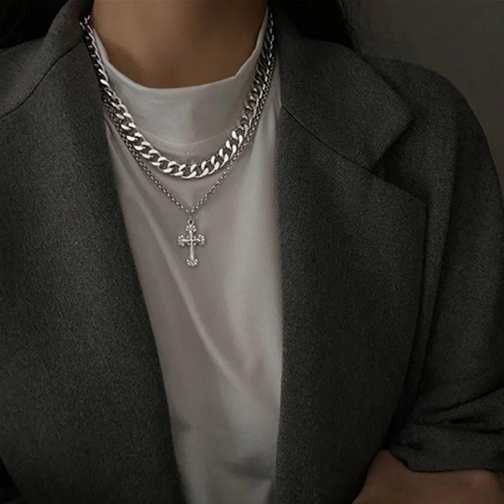 Kalung Liontin Salib Model Lapis Ganda Gaya Vintage Hip-hop Untuk Pria Dan Wanita