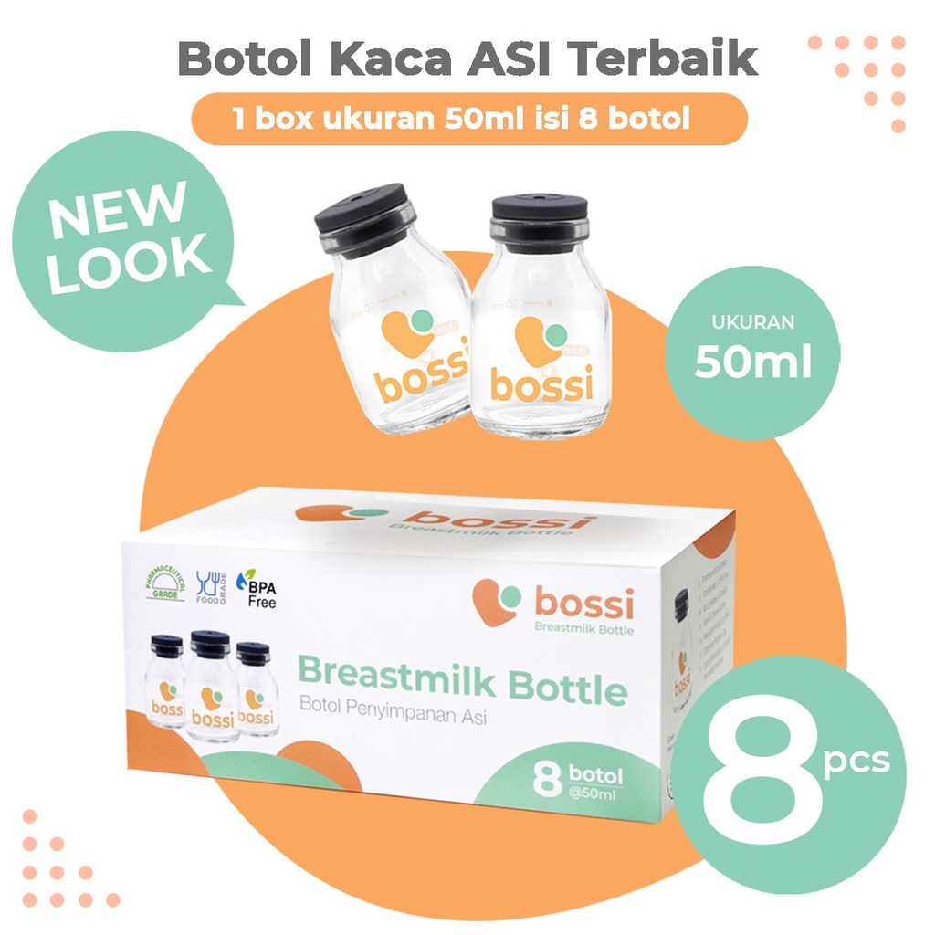 Botol Kaca Penyimpanan ASI Bossi 50 ml 1 Box Isi 8 Botol