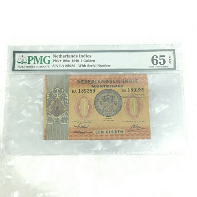 Uang Kertas Kuno Netherlands Indie 1940 1 Gulden PMG 65 EPQ