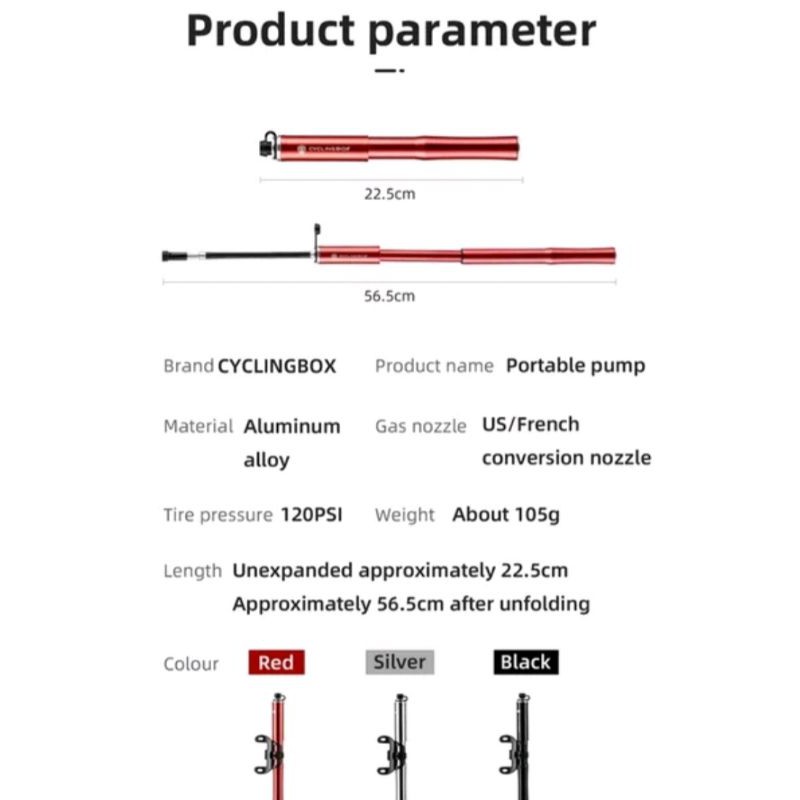 CYCLINGBOX Pompa Angin Ban Sepeda Portable 120 Psi Hand Pump Tangan Mini Pocket Schrader Presta