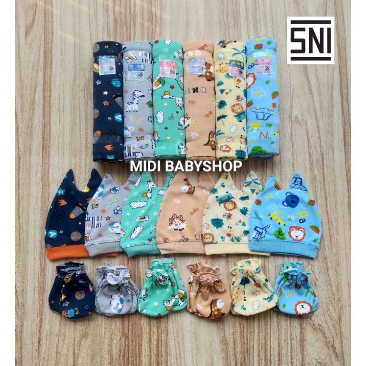 4 in 1 Set Bedong Bayi + Topi Bayi + Sarung Tangan dan Kaki Bayi Full print Hany Baby Premium Quality SNI