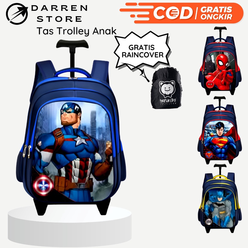 Tas Troli Anak Sekolah SD Laki Laki import 1925 Tas Dorong Superhero Ransel Trolly SD Timbul