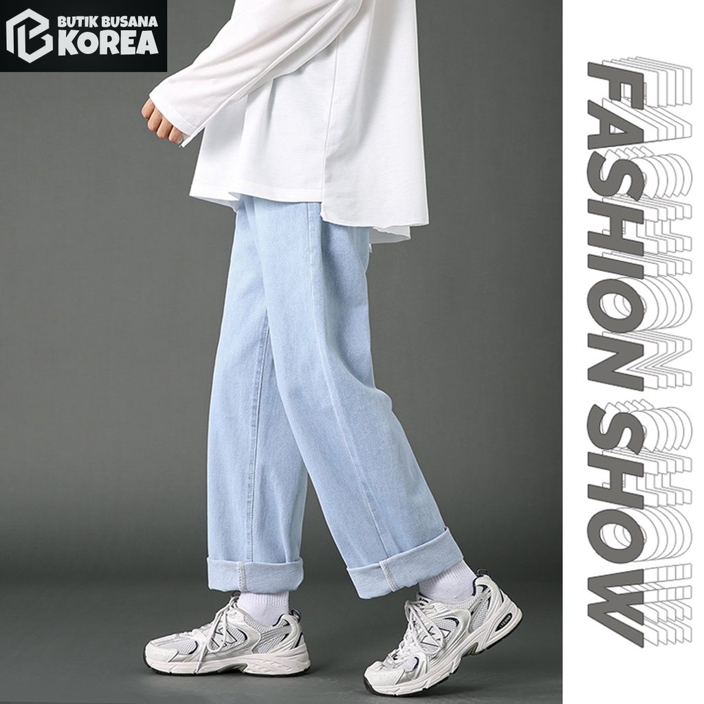 Baggy jeans celana jeans pria celana korean style straight jeans biru muda fashion santai celana jeans panjang pria