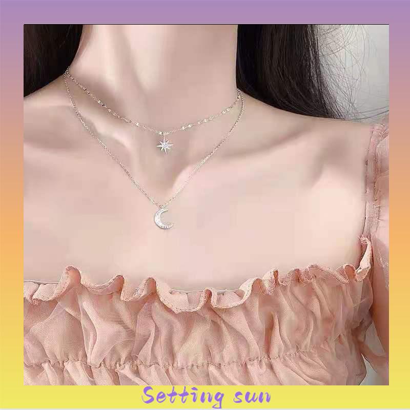 Kalung Rantai Double Layer Bentuk Bulan Bintang Untuk Wanita TN