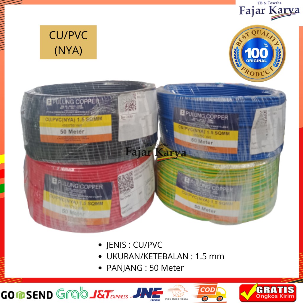 KABEL SNI NYA 1,5 mm PANJANG 50 METER PULUNG CHOPER KABEL TUNGGAL TEMBAGA ASLI TERLARIS KUAT AWET