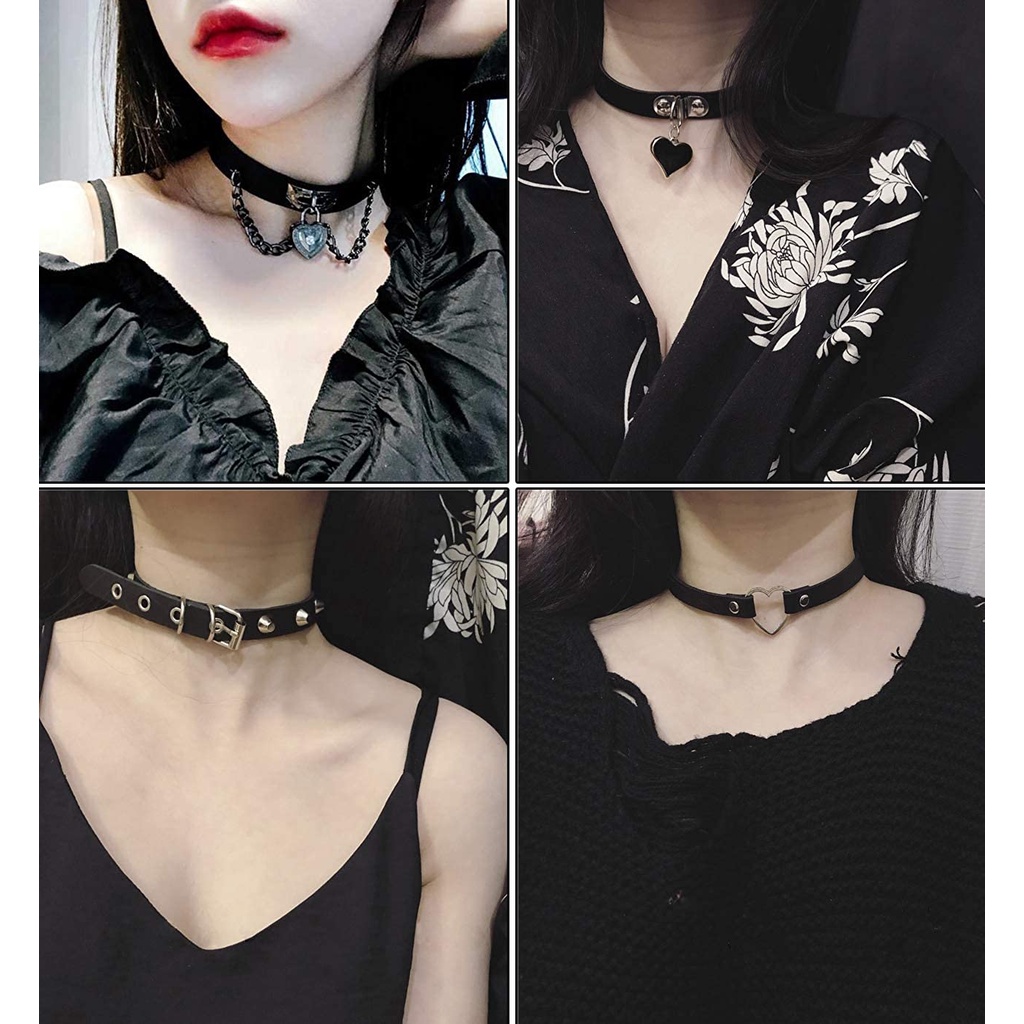 Kalung Choker Bahan Kulit Warna Hitam Gaya Gothic Rock Kpop Punk Untuk Wanita