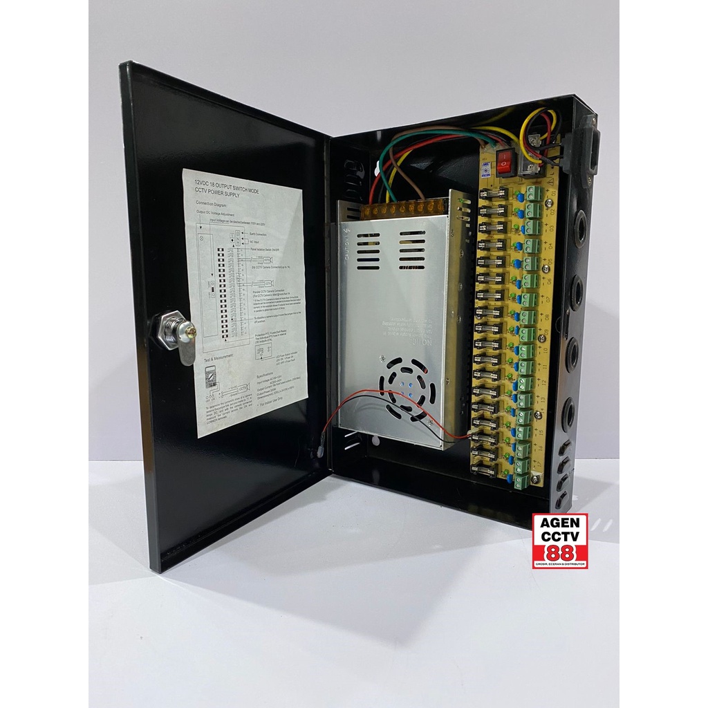 Power Supply PSU Box Panel DC 12V 30A Murni Adaptor CCTV 18CH Black / Hitam