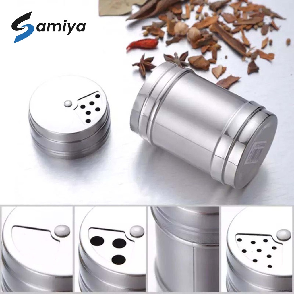 stainless powder can spice chili pepper sugar rotating multi purpose / tempat penabur merica lada cabai garam micin bumbu dapur / tempat penyimpan bumbu BBQ