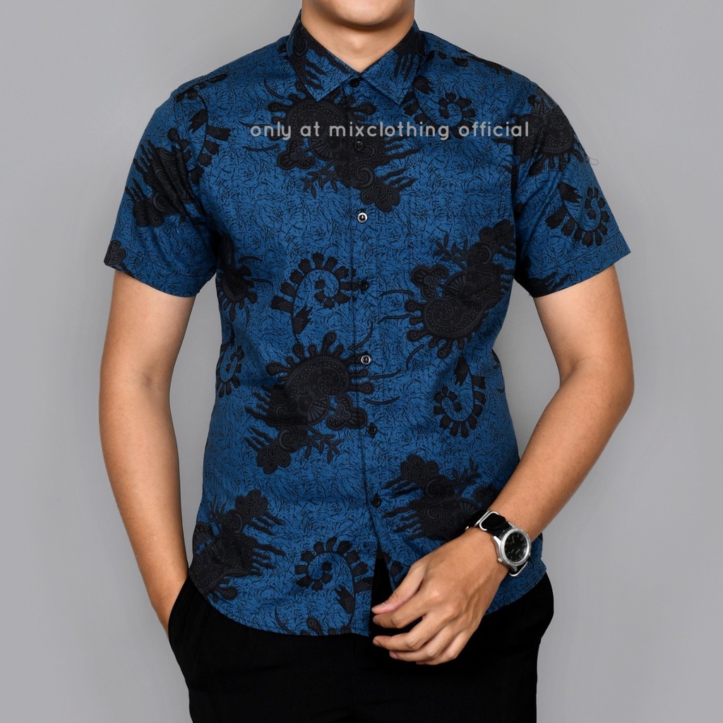 New Premium Baju Kemeja Batik Pria SlimFit Lengan Pendek Biru Vivid Blue 1832