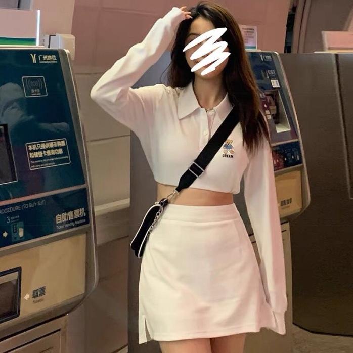 Kaos Polo Wanita Teddy Bordir Tangan Panjang Crop PromoR28C