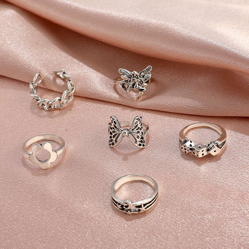 6 Pcs/Cincin Bunga Kupu-kupu Perak Antik Gaya Punk Set Cincin Logam Wanita Retro Eropa Dan Amerika Aksesoris Fashion Wanita