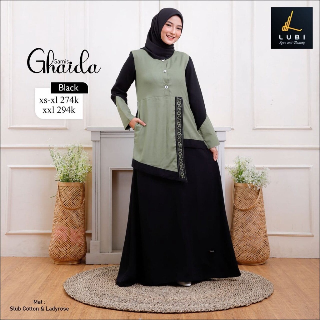 Terbaru Gamis Muslimah Lubi Ghaida Black Bahan Slub Cotton & Ladyrose Premium
