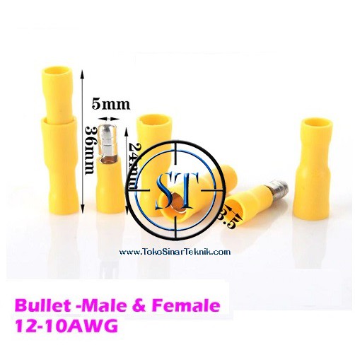 BA-177C Yellow Bullet Wire Connector Terminal Kabel Quick Cable Crimp Konektor Cucuk Cable CrimpAwg  Set Male Female