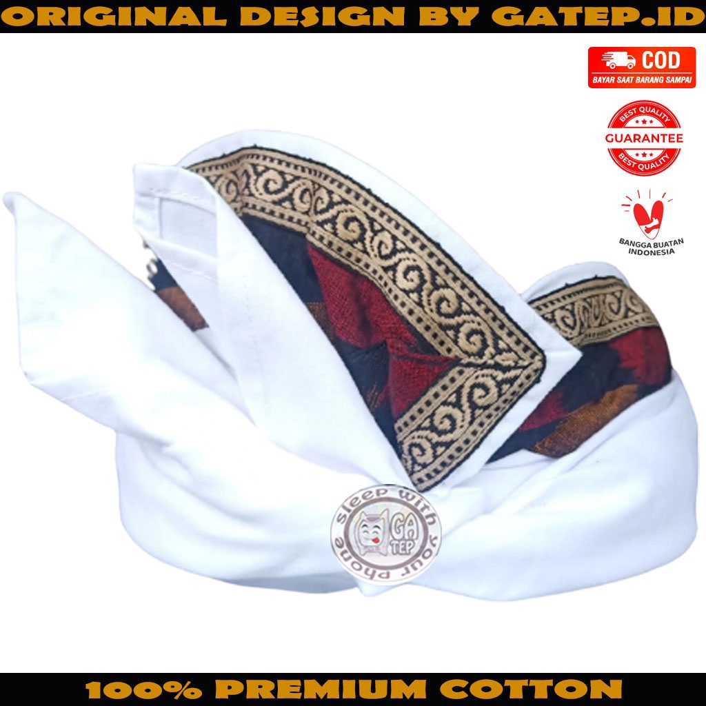Udeng Bali Putih Polos Ori Setengah Jadi Kombinasi Endek Lis Keong Mas / Topi Adat Bali / Blangkon B
